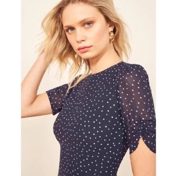 Reformation Gracie Navy Blue Polka Dot Mini Dress SIZE 4 EUC Retro Classic - Picture 3 of 14